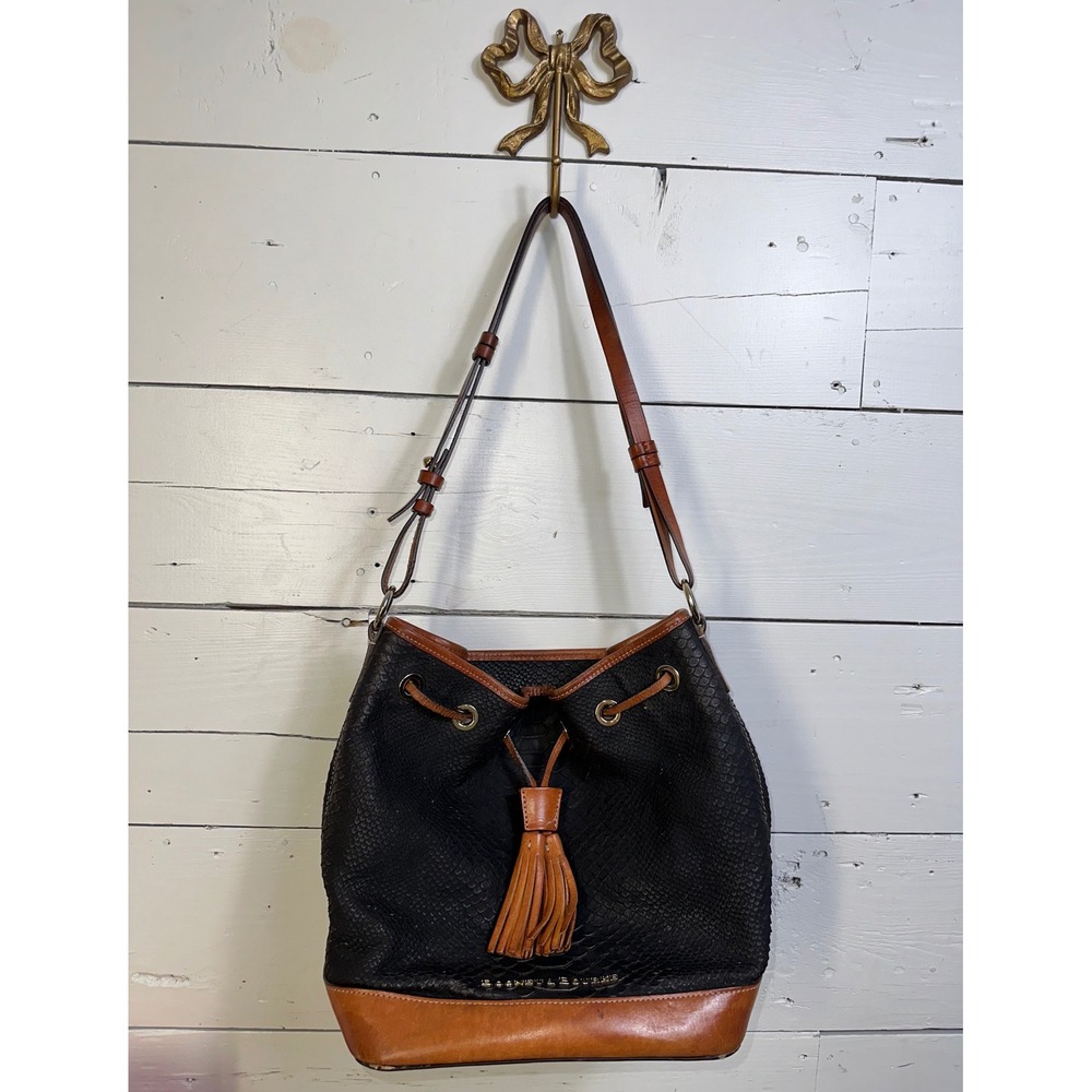 Dooney & Bourke Black Snake Embossed Leather Tassel Drawstring Bucket Bag